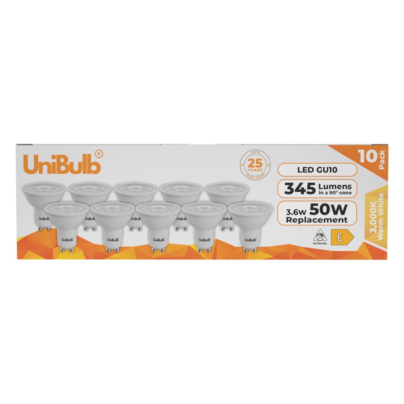 Unibulb GU10 3.6W LED Spotlight/Downlight Light Bulb, 345 Lumens, 3000K Warm White, 50W Equivalent, 25,000hr Life, Non-Dimmable, Pack of 10
