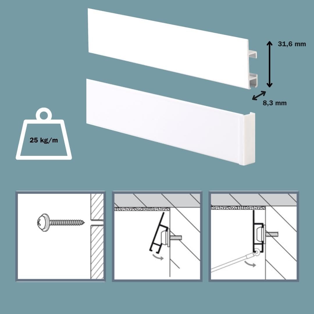 Cimaises pour tableaux - systeme d' accrochage – cliprail max + fil transparent 150cm + crochet zipper - s'adapte parfaitement au plafond - kit complet