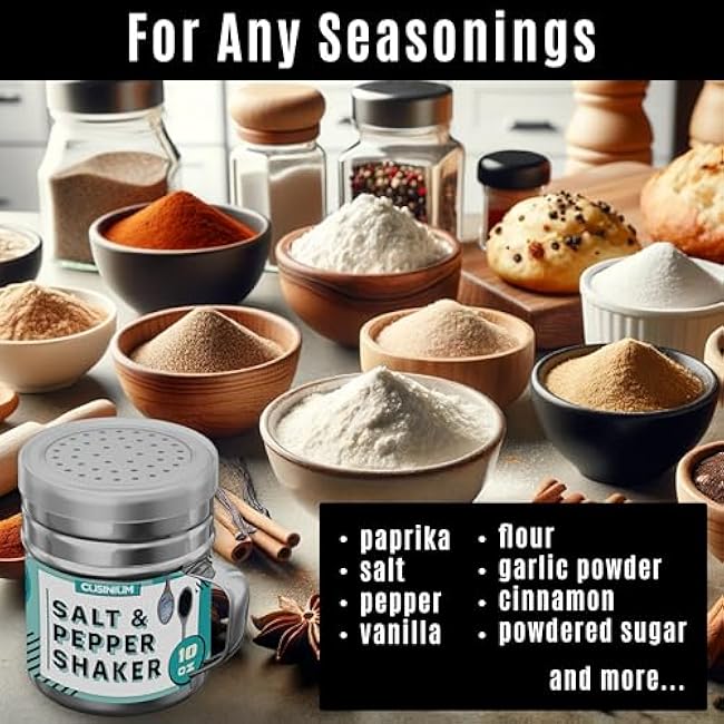 CUSINIUM 10oz Stainless Steel Salt Pepper Dredge Shakers - With Plastic Cap - With Handle - Pack of 2