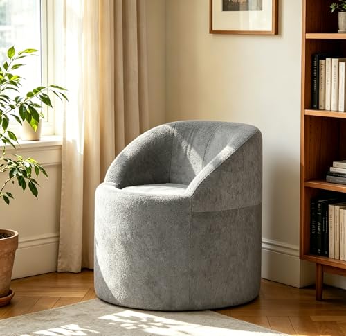 Barrel Accent Chair, Modern Chenille Reading Chair with Ergonomic Curved Back, Round Supportive Armchair for Living Room, Bedroom, Reading Corner & Office, No Assembly Required, Dark Grey