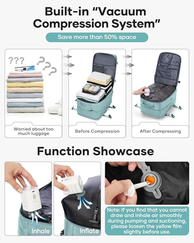 Image of Vacuum Backpack Travel with Pump Carry on Luggage Flight Approved Essentials Personal Item Travel Bag with Vacuum System Waterproof Compression Backpack for Women Men Mochila de Viaje Light Blue
