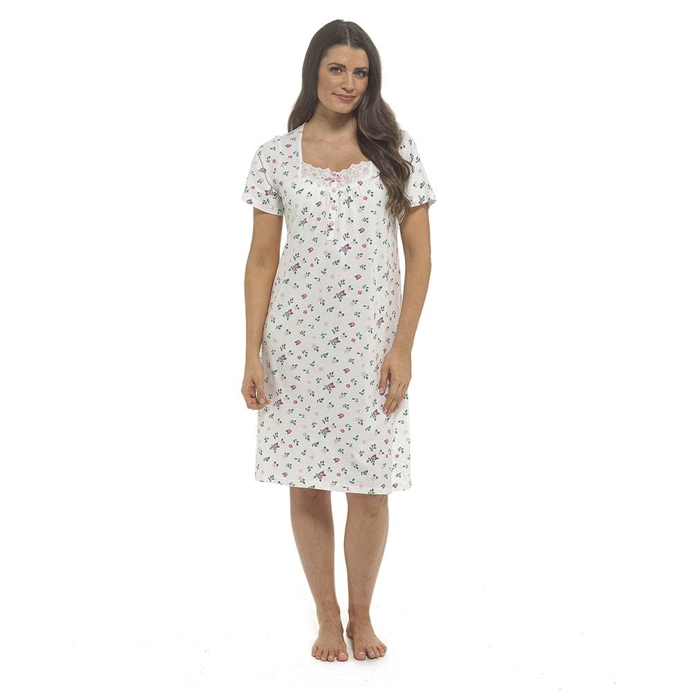 A2z Women's Pink 100% Cotton Floral Nightie Short Sleeve Classic Knee Length Nightdress - Nightie Lds 501 22/24