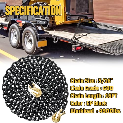Image of G80 Transport Binder Chain,16FT 5 /16 inch Trailer Safety Chains with Clevis Grab Hooks, 4900 Lbs Safe Working Load Heavy Duty Chain for Transporting,Towing,Logging Tie Down Binding