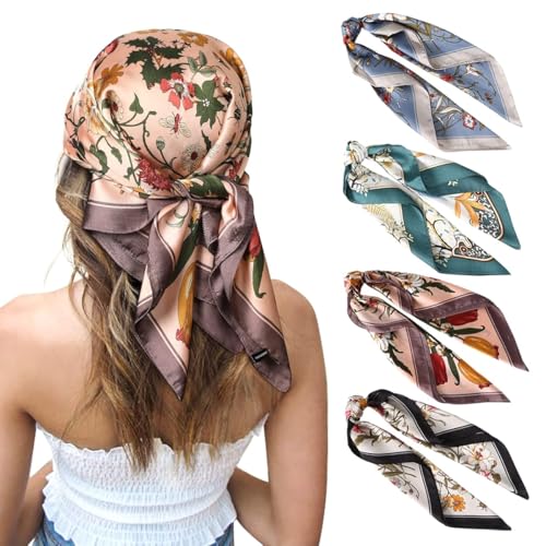 Hair Scarf for Women Stylish Silk-like Bandanas Neck Head Scarf Floral Print 27'' Square Satin Scarves Multipurpose Bag Charm (Pack of 4, with Gift Bo
