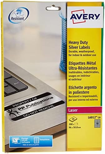 Avery L6012-20 (96.0 x 50.8mm) Extra-Strong Adhesive Silver Heavy Duty Labels, 10 Labels Per A4 Sheet