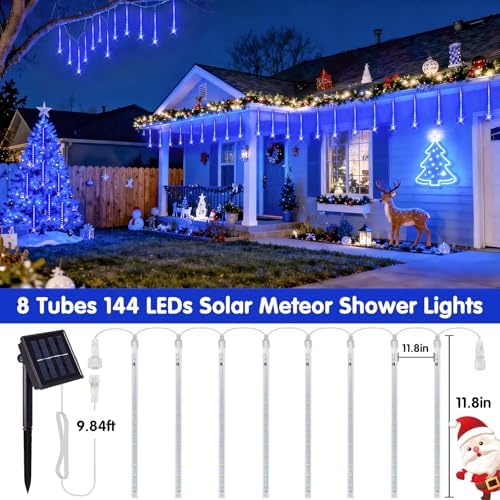 JMEXSUSS Solar Christmas Lights Outdoor, 8 Tube 144 LEDs Solar Meteor Shower Lights Outdoor, Hanging Blue Christmas Light for Tree Icicle Garden Yard Patio Gazebo Party Xmas Decor