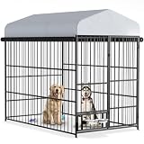 Rovibek Dog Kennel Outside, Outdoor Dog Kennel with Waterproof Cover, Large Dog Kennel Outdoor with Roof, Dog Run Enclosure with Rotating Bowl for Small Medium Large Dogs (6.6'L x 3.9'W x 5.9'H)
