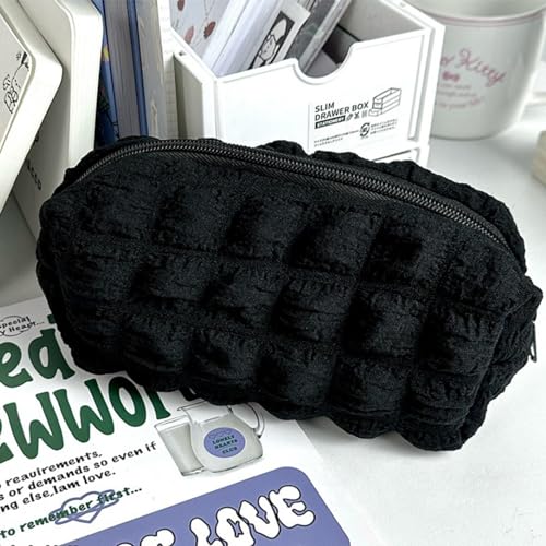 Image of Makeup Bag Checkered Cosmetic Bag Plush Makeup Pouch 1Pcs Large Capacity Makeup Bags Puffer Pencil Pouch Checkered Pencil Case for Teenage Girls (black)