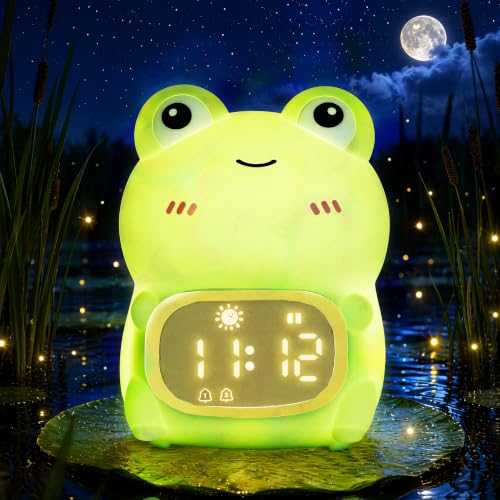 Frog Night Light with Alarm ClockFrog Gifts with Rechargeable Silicone Lamp Cute Animal Tabletop Lamp OK to Wake Clock with 9 RGB Color Light 6 Soothing Sounds Dual Alarm for Boys & Girls