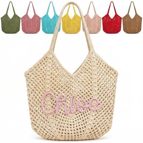 Personalized Crochet Beach Bag - Custom Name Woven Tote & Lightweight Summer Beach Bags for Women, Ideal for Bachelorette Party Favors, Bridesmaid Gifts and Travel