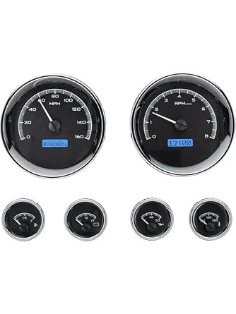 Dakota Digital Universal 6 Round Analog Dash Gauge System, Black Alloy Style, Blue Backlighting - VHX-1024-K-B