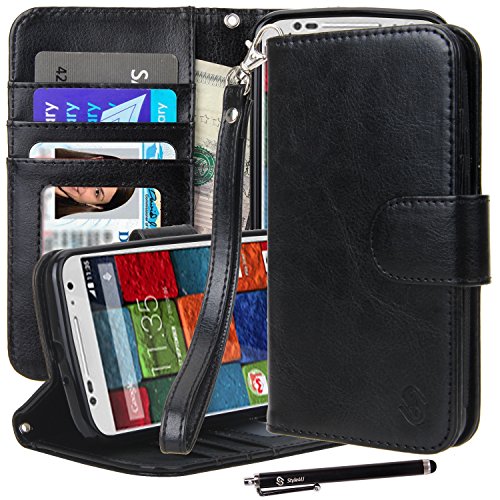 Moto X (2nd Gen) Case, Moto X2 Case, Style4U Premium PU Leather Stand View Wallet Flip Case with ID Credit Card/Cash Slots Motorola 2nd Gen 2014 Release + 1 Stylus and 1 Screen Protector [Black]