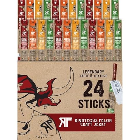 Righteous Felon Meat Sticks Variety Pack | Healthy Snack for Adults | Gluten Free & Keto Meat Sticks | Low Sugar & High Protein Meat Sticks | Turkey, Pork, Beef Sticks | Jerky Gifts for Men | 24 Pack Cover