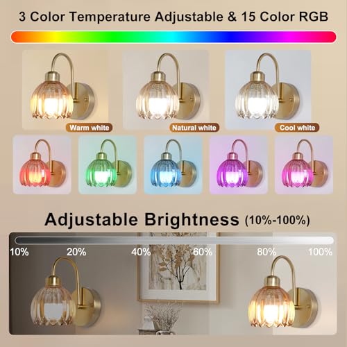 Image of Vintage Battery Operated Wall Sconces Set of Two, Tulip Glass Lampshade Rechargeable Wall Lights, LED 15 Colors Gold Wall Lamp for Bedroom Bedside Doorway