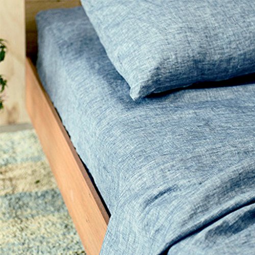 Lausonhouse Linen Sheet Set,Luxurious 100% Pure French Linen Sheet Set, Deep Pocket,4 Pieces Bedding Set - King Chambray Blue