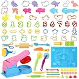 PuYmiko 70Pcs Playdough Tools Kit for Kids, Toddler Clay Accessories Set with Dinosaur Molds, Extruder & Animal Shapes, Preschool Learning Numbers & Math Toys, Gift for Boys Girls (No Dough)
