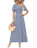 Women Round Neck Flutter Sleeve Smocked Pleats Ruffle Maxi Floral Dress Blue XL