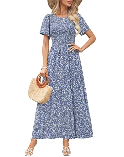 Image of Kranda Women 2025 Summer Fall Crewneck Short Sleeve Smocked Floral Maxi Dress