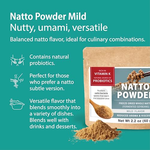 Image of SONOMONO Natto Powder Mild, Japanese Fermented Soybean Powder, 60g | Non-GMO Project Verified, Superfood, Freeze-Dried, Vegan, Spore Probiotics, Prebiotics, Vitamin K2 (MK7), Earthy Umami Flavor