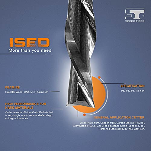 Speed Tiger Ised Carbide Spiral Router Bits Down Cut, 3/8” Diameter, 1” Cutting Length, 2- 1/2"Ovl For Wood/ Oak/Mdf/Aluminum -Made In Taiwan(5 Piece, 3/8") #TOP2