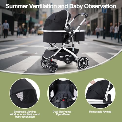 Gcarebb 3 in 1 Pram, City Strollers with Car Seat, Portable One-Click Folding Walking Stick Stroller, Landscape Combined Strollers High Aluminium Frame for Newborn 0-4 Years - Image 2