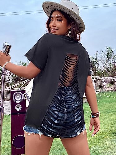 WDIRARA Women's Plus Size Criss Cross Ripped Open Back T Shirt Short Sleeve Backless Tee Top3