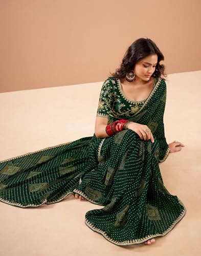 Image of SIRIL Women's Georgette Bandhani Printed, Embroidery Lace Saree With Unstitched Blouse Piece