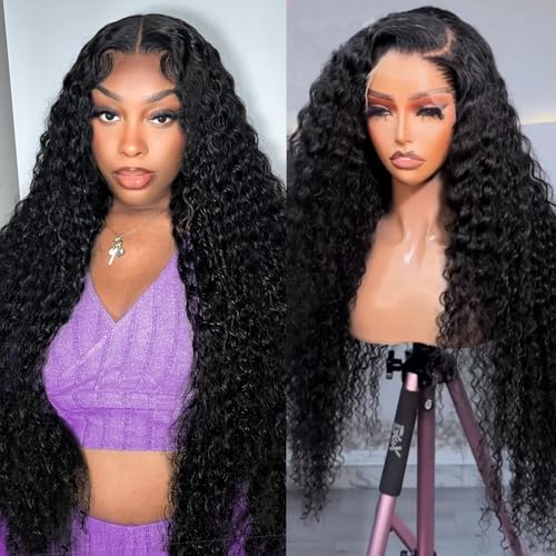 13x4 HD Lace Front Wigs Human Hair Pre Plucked 200 Density Deep Wave Lace Front Wigs r with Baby Hair Natural Hairline Curly Human Hair Wig Gluelessfor Women 22 Inch