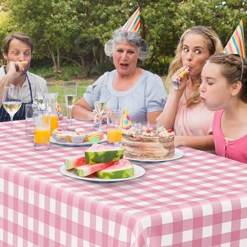 Image of 12Pack Table Cloth Rectangle Table, 54 inch x 108 inch Plastic Table Cloth Disposable, Waterproof Pink and White Checkered Table Cover for Outdoor Picnic Birthday Party Supplies Gathering BBQ Holiday Dinner