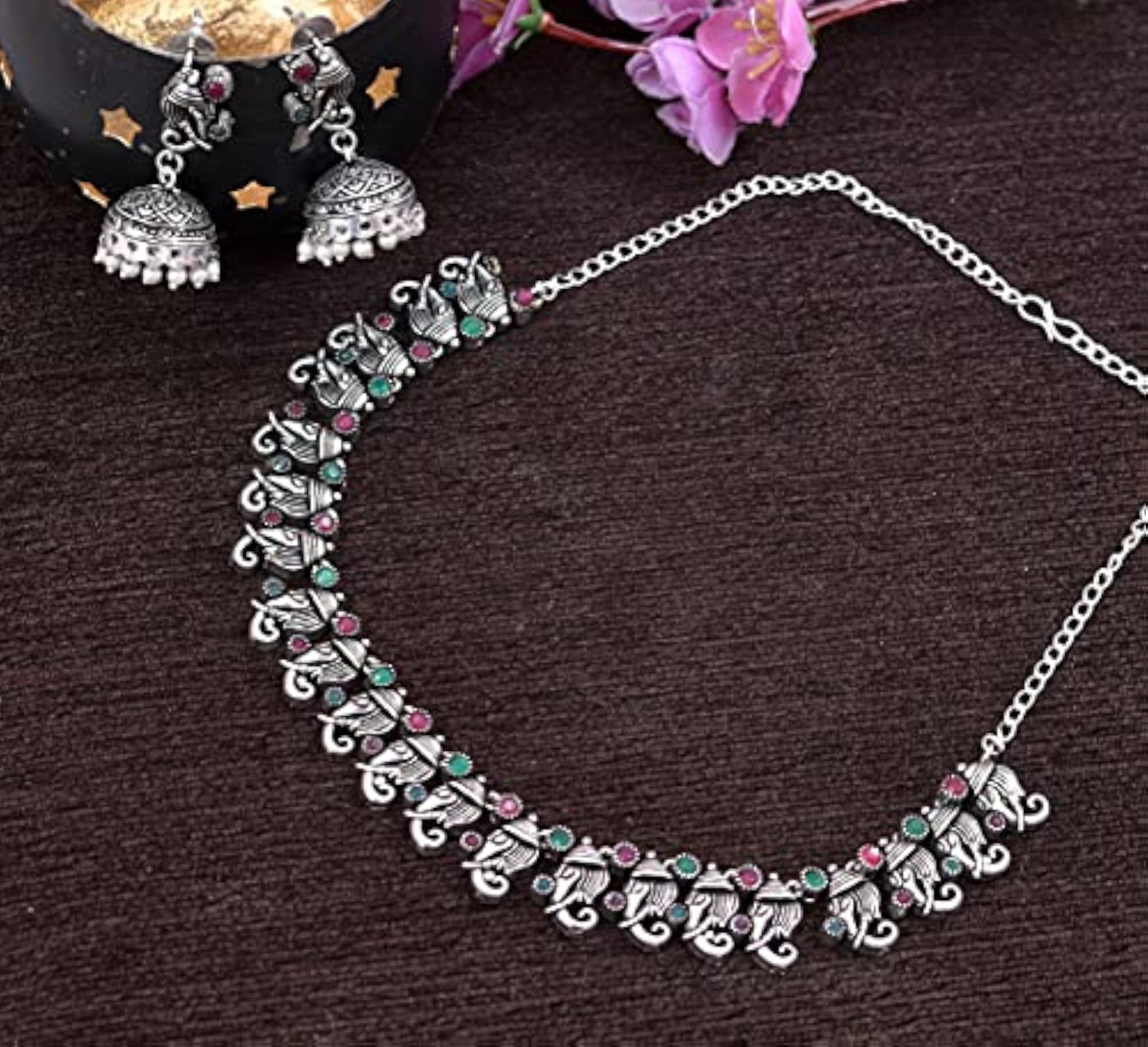 Oxidized Elephant Theme Rakhi Necklace Set Red & Green Stone Earrings