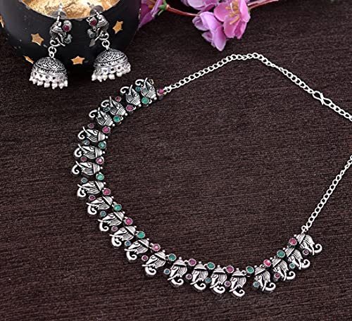 Oxidized Elephant Theme Rakhi Necklace Set Red & Green Stone Earrings