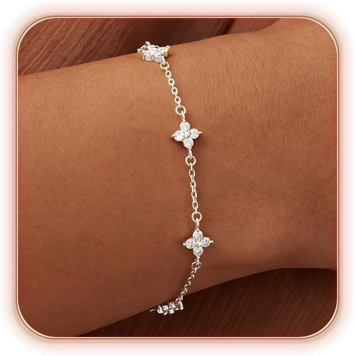 Dainty Clover Bracelets for Women, 14K Gold/Silver Plated Cubic Zirconia Waterproof Charm Chain Bracelet Trendy Beach Summer Adjustable Link Bracelet Fashion Jewelry Gift