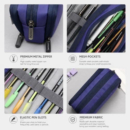 Image of Wooum Large Pencil Case with 3 Compartments, Big Capacity Pencil Pouch for School Boys Girls College Students & Teachers Aesthetic Practical Stationery Pouch for Pens Pencils (Jet Blue (Universe))