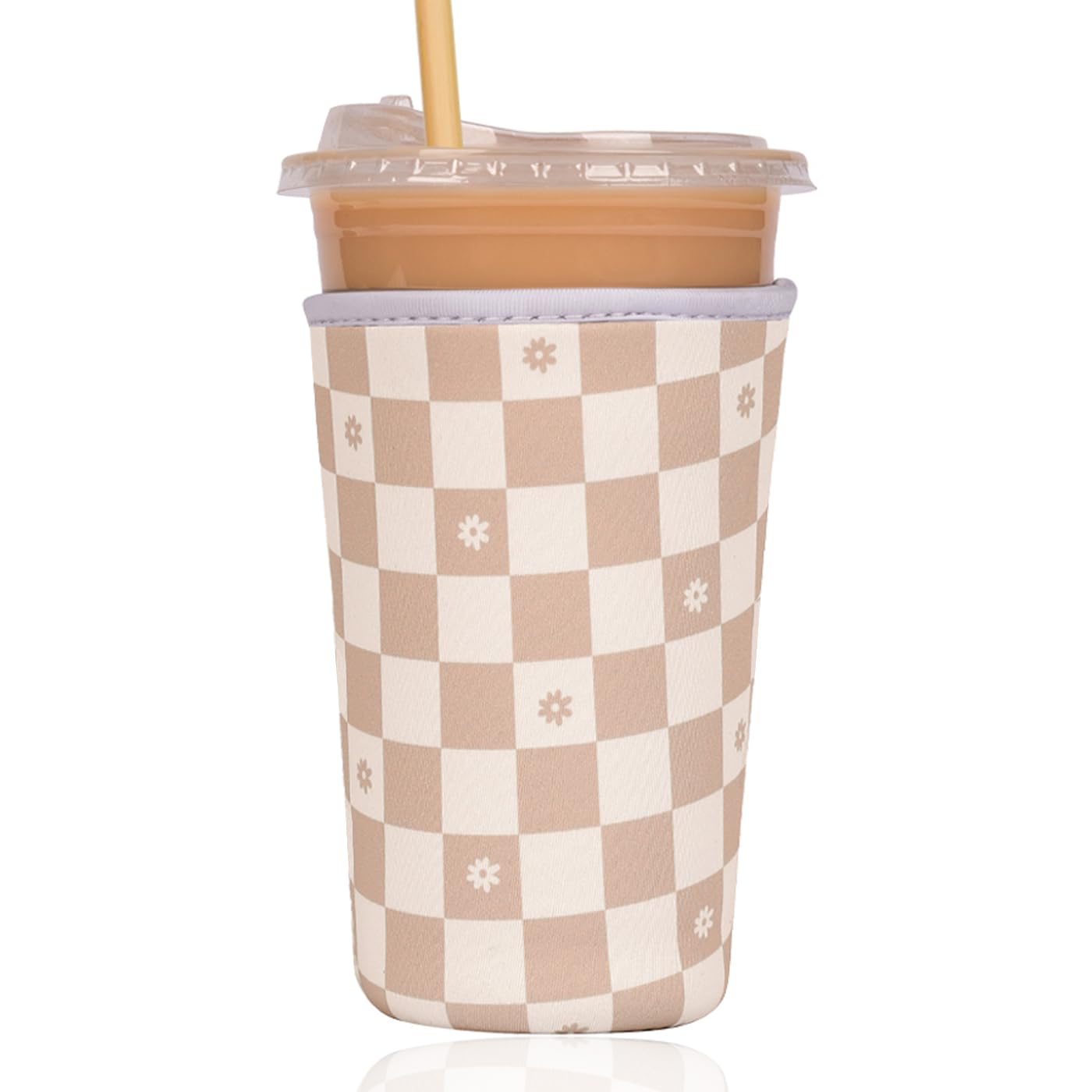Reusable Insulated Sleeve for Iced Coffee Cup, Coffee Neoprene Sleeve for Cold &amp; Hot Drinks, Beverage Holder for Iced Coffee (Floral Checkers, Large: 32oz)
