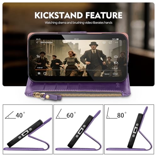 Scutumate Compatible with iPhone 17e / 16e Wallet Case with Card Holder RFID Blocking Zipper Poket PU Leather Flip Phone Case with Wrist Strap Credit Card Slots Men Women,Dark Purple by Scutumate - Image 6