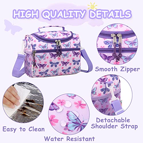 RAVUO Lunch Bag for Girls Insulated Cute Butterfly Lunch Box with Adjustable Strap and Bottle Holder Cooler Lunchbox Back to School Thermal Meal Tote Kit for Toddler 6.5L - Image 3