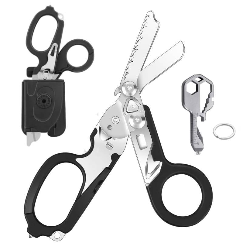 Kevanry 6 in 1 Multi-Function Foldable Trauma Shears with Scissors Pliers & 24 in 1 Multi-Tool Key,Emergency Response Shears with Strap Cutter&Glass Breaker,Rescue Scissors for Outdoor Camping (Black)