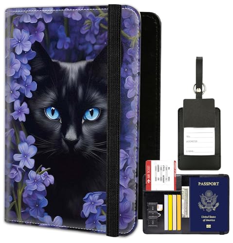 Passport Holder for Women Men,Leather Travel Passport Wallet and Luggage Tag Set, Waterproof Passport Case Book with Credit Card Slots, Passport Cover RFID Blocking，Black Cat in Purple Flower Bush