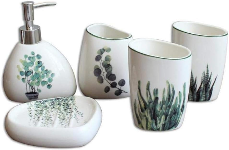 YYW Ceremic Bathroom Accessory Set, 5 Pieces Complete Bath Decor Kit with Green Plant Pattern, Lotion Soap Dispenser, Toothbrush Holder, 2 Tumbler and Soap Dish (2)