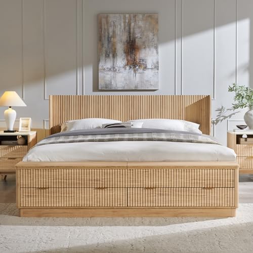T4TREAM Fluted King Size Bed Frame with Wingback Headboard, Footboard Storage Bench with Built-in Drawers & Lift-Up Compartments, Wood & Steel Platform Bed, No Box Spring Needed, Natural Oak - Image 4