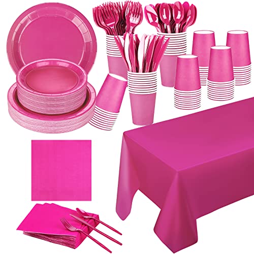 Twowyhi 229Pcs Hot Pink Party Supplies Set Paper Disposable Plates Cups Plastic Spoons Forks Knives Black Napkins Severs 30Disposable Party Dinnerware For Wedding Birthday Party With 1Pc Table Cover #TOP3
