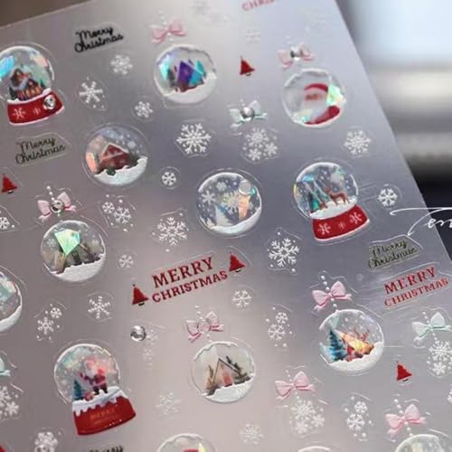 Image of 5D Embossed Christmas Nail Stickers for Nails Art Design Santa Claus Crystal Ball Nail Art Stickers Bow Snowflake Nails Decals Self-Adhesive White Red Nails Decals for Women Manicure Supply