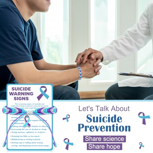 12 Sets Suicide Prevention Awareness Bracelet with Warning Card Sets Handmade Adjustable Wrist Wrap Teal and Purple Prevention Awareness Gift Protection String for Events and Fundraising4