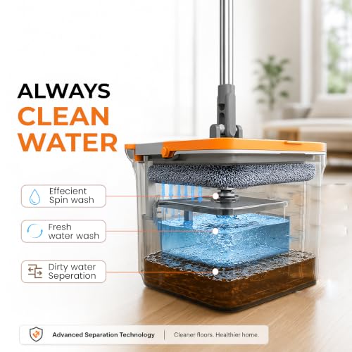 Image of Zureni Wet and Dry Bucket Mop Set 360 Rotating Square Mop-Head with Extendable Handle & 2 Replaceable Mop-Pads Self Separation Dirty Clean Water for Hardwood Tile Marble Floor Mopping & Cleaning