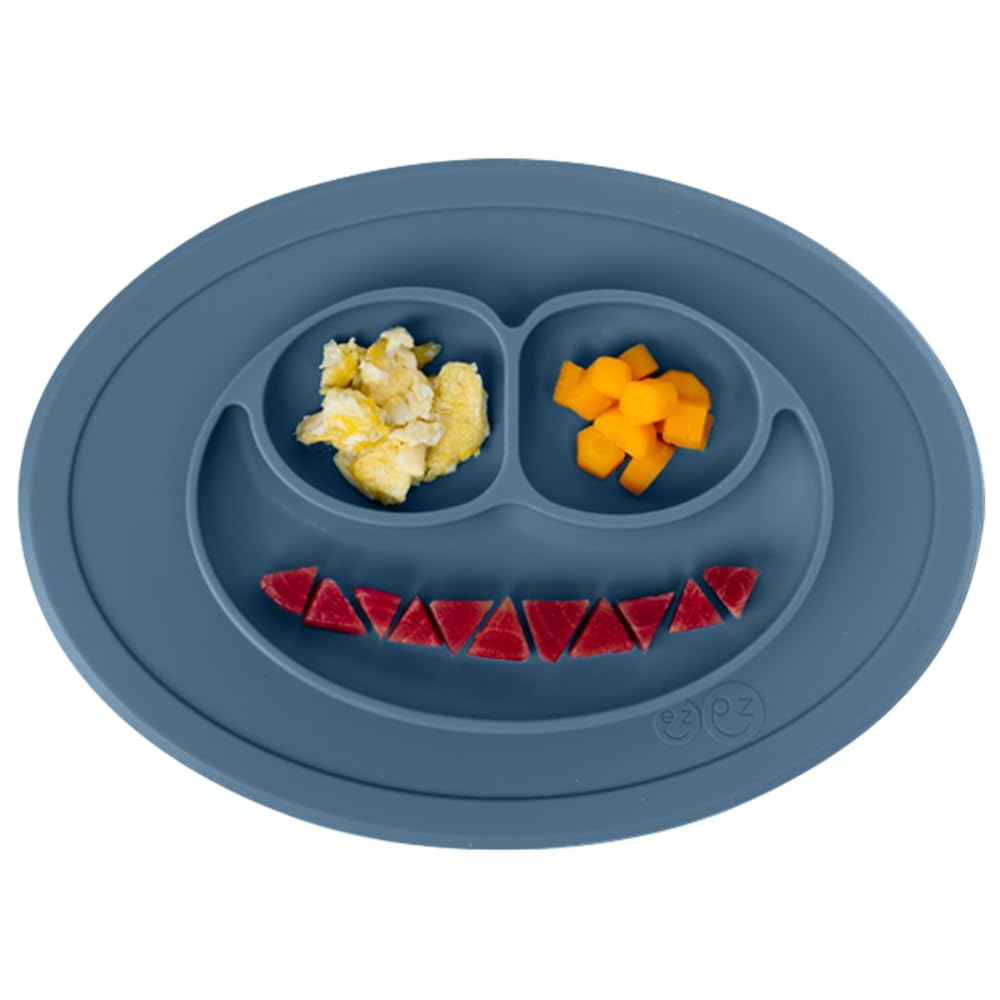 ezpz Mini Mat - 100% Food Grade Silicone Suction Divided Plate with Built-in Placemat for Infants + Toddlers Promotes Baby Self-Feeding for Highchair, Dining Table - Microwave Safe - 6Months+ (Indigo)