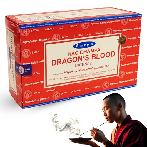 Varillas de Incienso, Incienso Nag Champa Dragon Blood, Original Enrollado a Mano de la India, meditación y relajación, Contiene 12 Cajas de Varillas de 15 g (180 Varillas en Total)