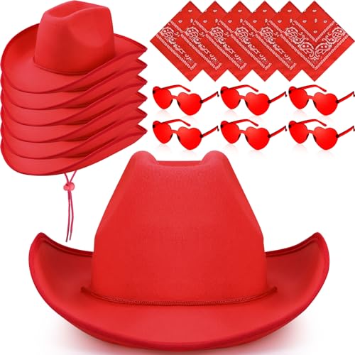 6 Sets Cowboy Hat Heart Shape Sunglasses and Cowboy Bandanas, Cow Girl Hat Rimless Transparent Heart Glasses for Cowgirl(Red,Simple Style)