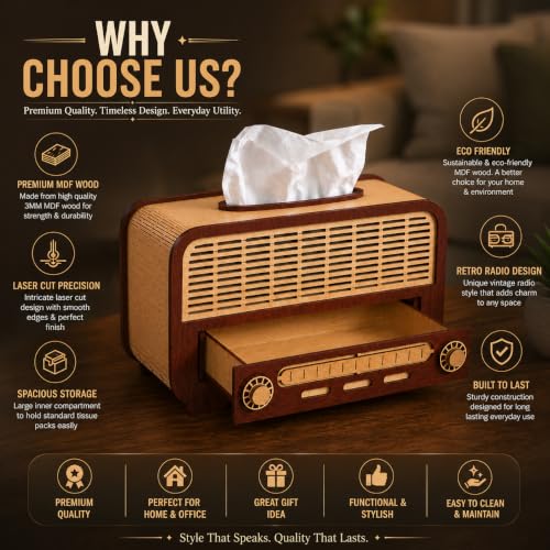 Image of Retro Radio Wooden Tissue Box with Storage Drawer Decorative MDF Tissue Holder for Home & Office