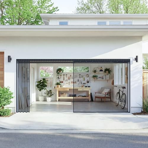 Sliding Garage Door Screen with Track Magnetic Closure Fiberglass Mesh for 2-Car Garage Heavy Duty Retractable Screen for Patio French Door 16x7ft