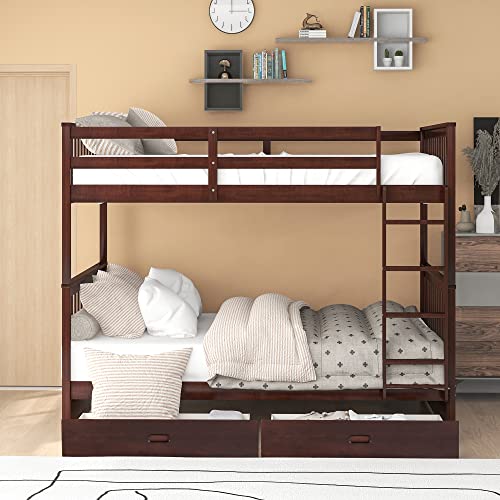 Full Over Full Bunk Beds With 2 Storage Drawers, Solid Wood Detachable Bunk Bed Frame With Ladders And Safety Rail For Kids, Teens, Adults #TOP7